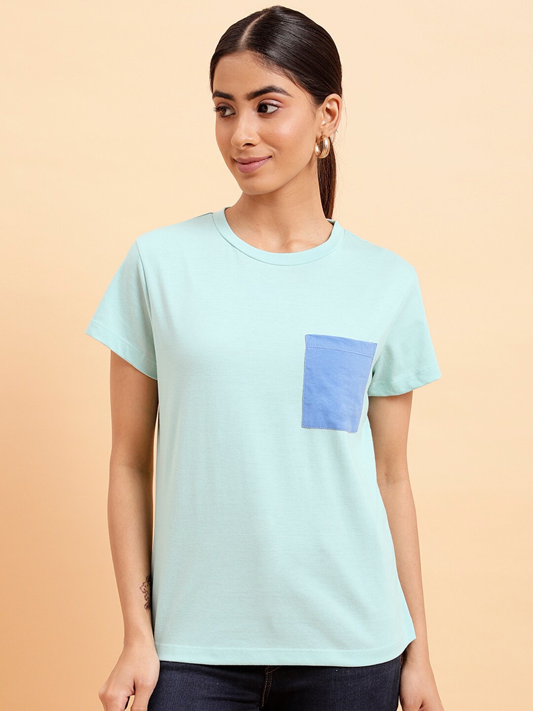 

MINT STREET Round Neck Pure Cotton Casual T-shirt, Sea green