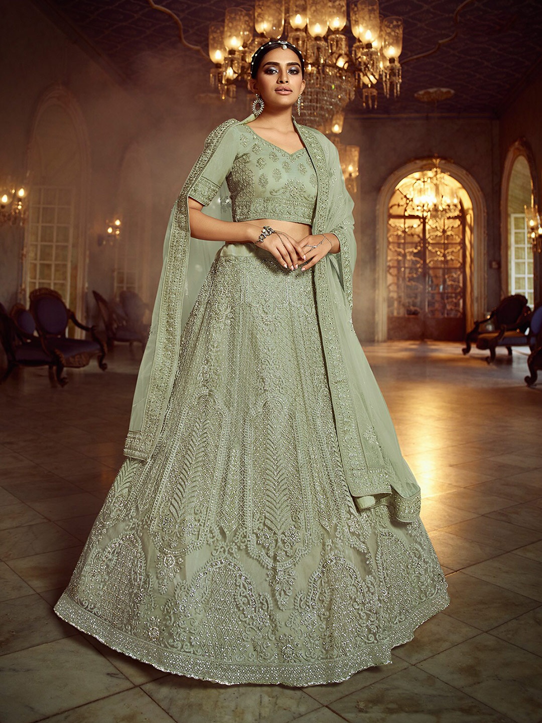 

ODETTE Embroidered Thread Work Semi-Stitched Lehenga & Unstitched Blouse With Dupatta, Olive