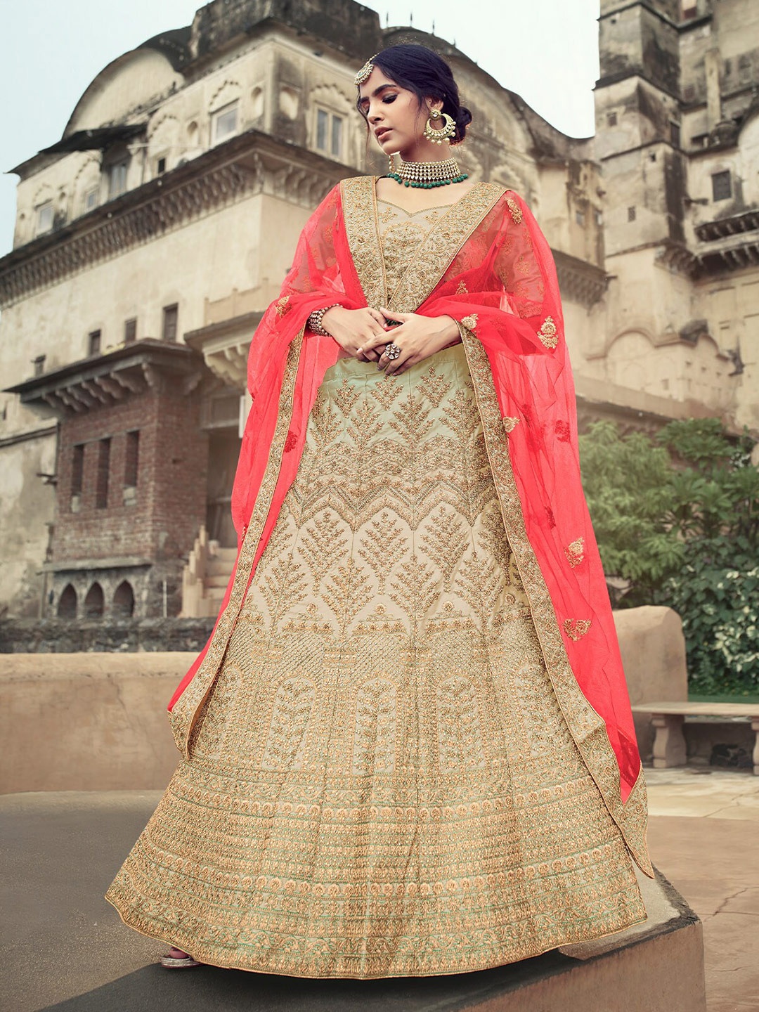

ODETTE Embroidered Semi-Stitched Lehenga & Unstitched Blouse With Dupatta, Beige