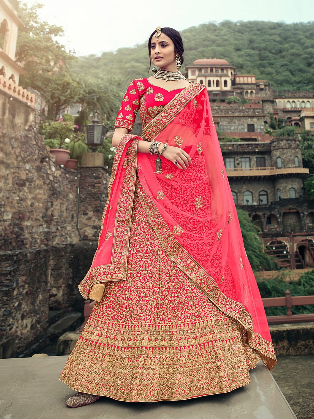 

ODETTE Embroidered Thread Work Semi-Stitched Lehenga & Unstitched Blouse With Dupatta, Red