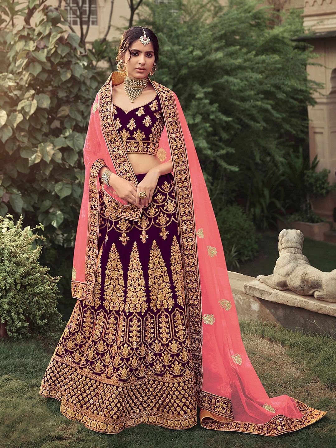 

ODETTE Embroidered Thread Work Semi-Stitched Lehenga & Unstitched Blouse With Dupatta, Purple