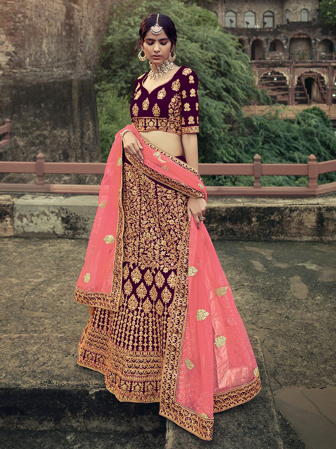 

ODETTE Embroidered Beads and Stones Semi-Stitched Lehenga & Unstitched Blouse With Dupatta, Purple