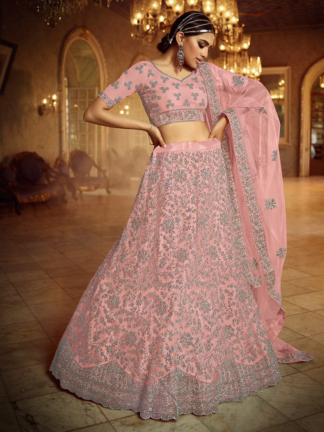 

ODETTE Embroidered Beads and Stones Semi-Stitched Lehenga & Unstitched Blouse With Dupatta, Pink