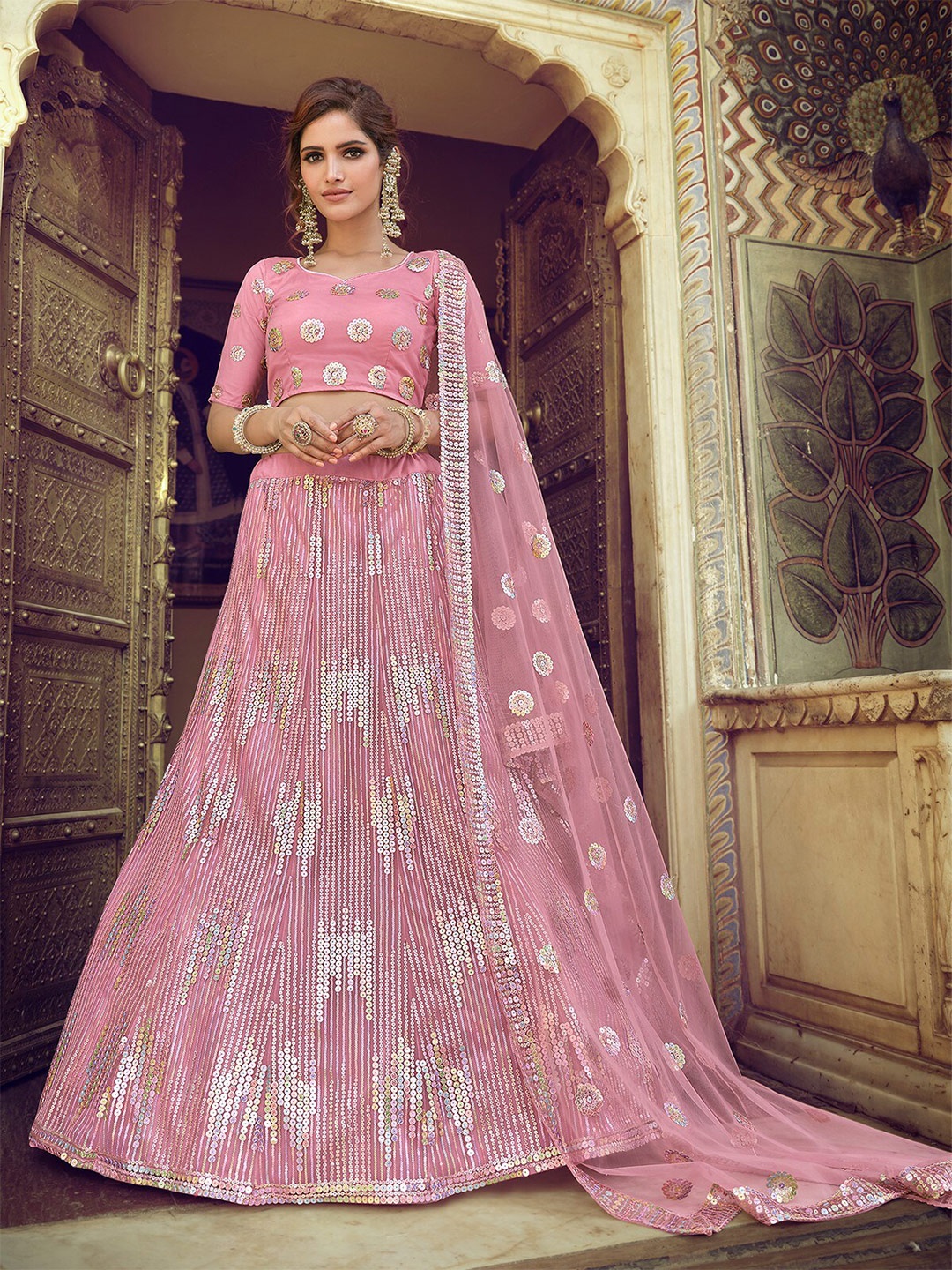 

ODETTE Embroidered Semi-Stitched Lehenga & Unstitched Blouse With Dupatta, Pink