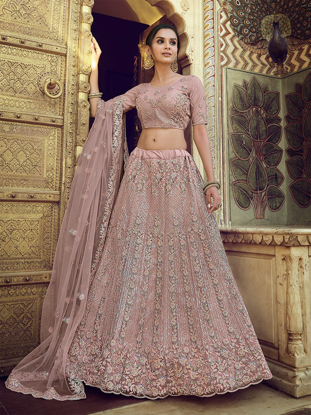 

ODETTE Floral Embroidered Sequinned Semi-Stitched Net Lehenga Choli With Dupatta, Pink