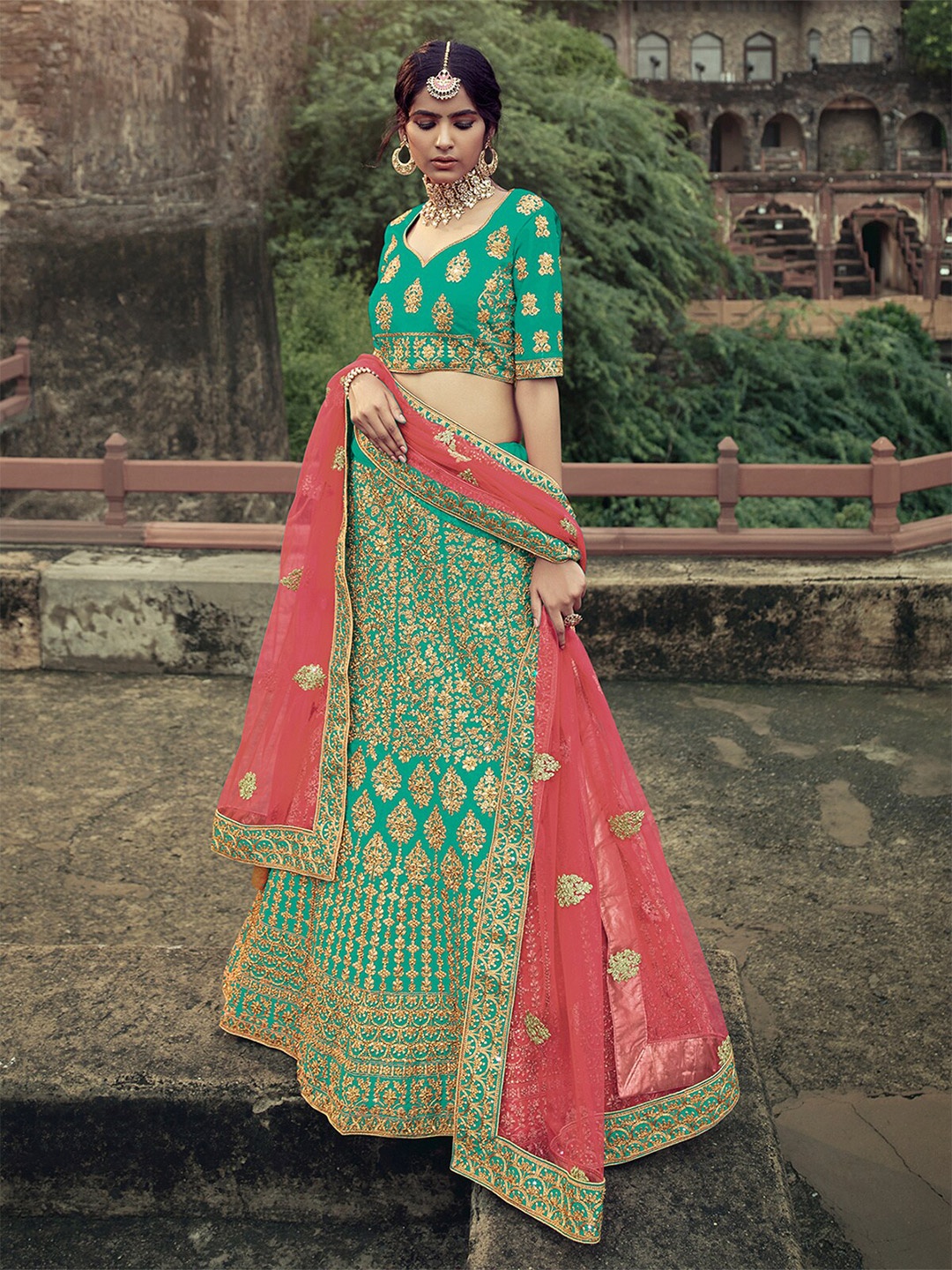 

ODETTE Embroidered Beads and Stones Satin Semi-Stitched Lehenga Choli With Dupatta, Green