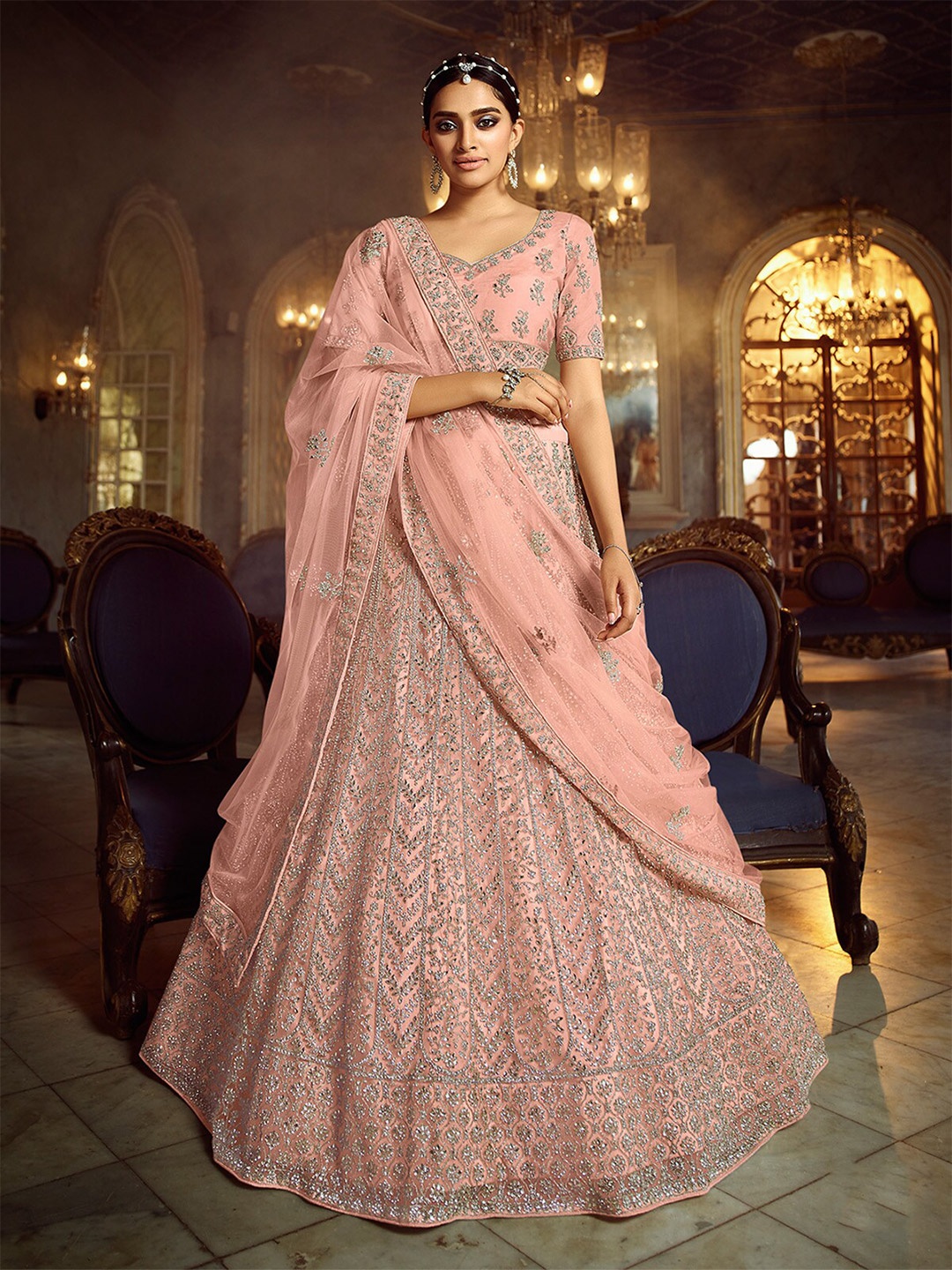 

ODETTE Embroidered Beads and Stones Semi-Stitched Lehenga & Unstitched Blouse With Dupatta, Peach