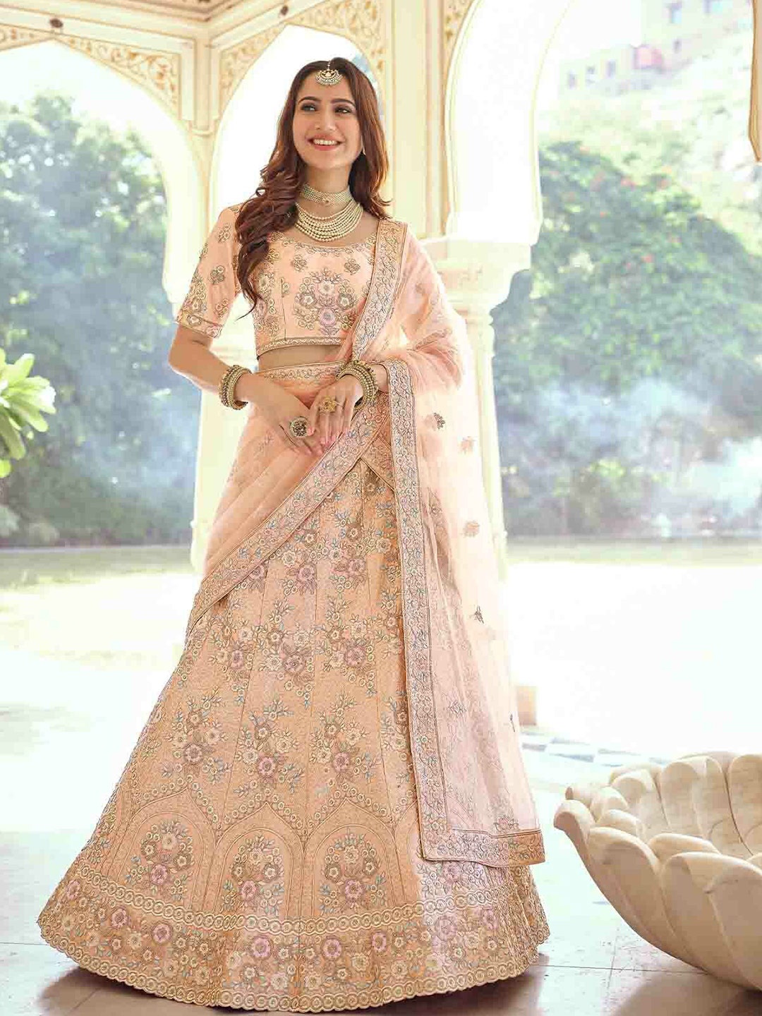 

ODETTE Embroidered Beads and Stones Semi-Stitched Lehenga & Unstitched Blouse With Dupatta, Peach