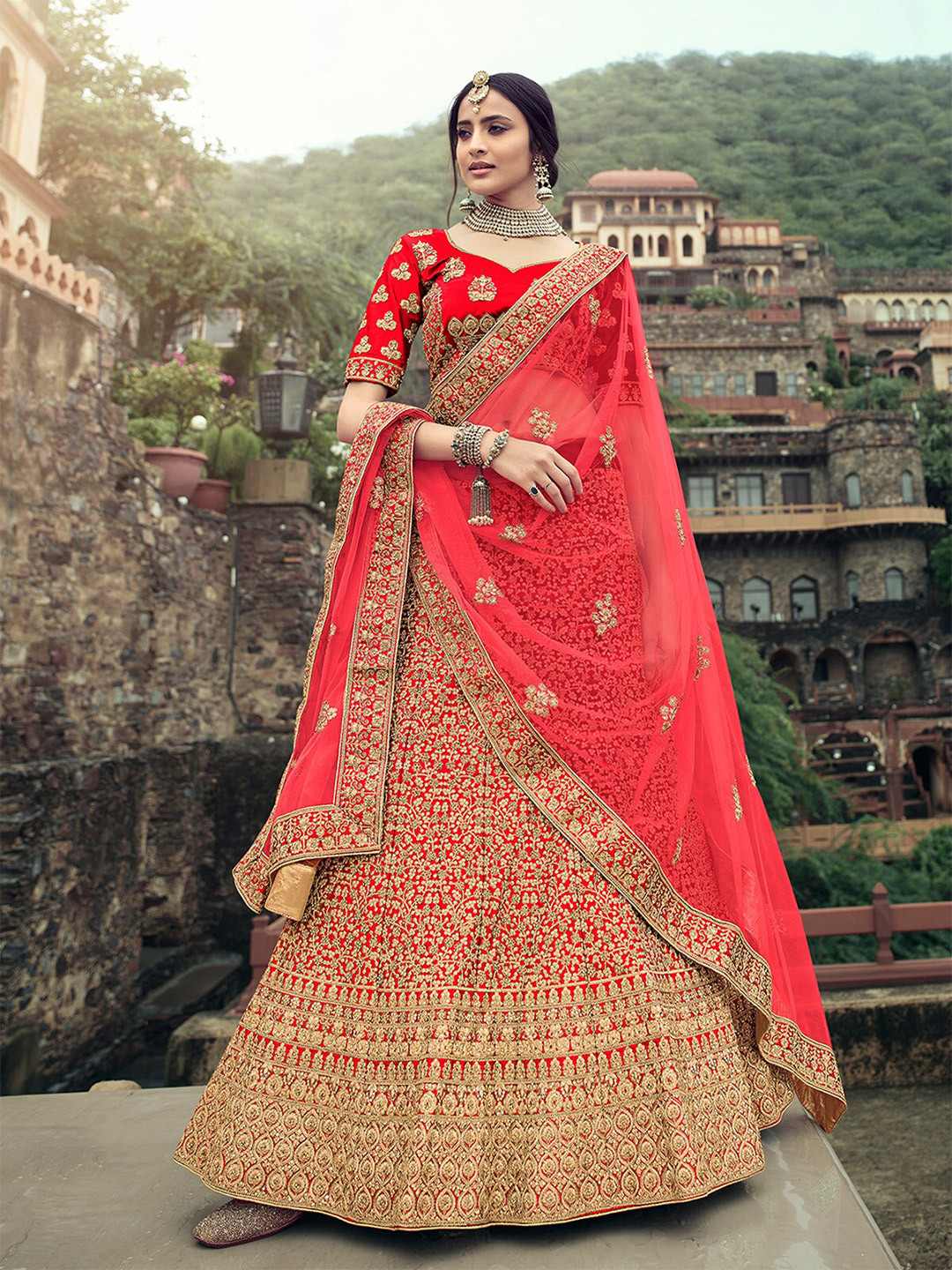 

ODETTE Embroidered Semi-Stitched Lehenga & Unstitched Blouse With Dupatta, Red