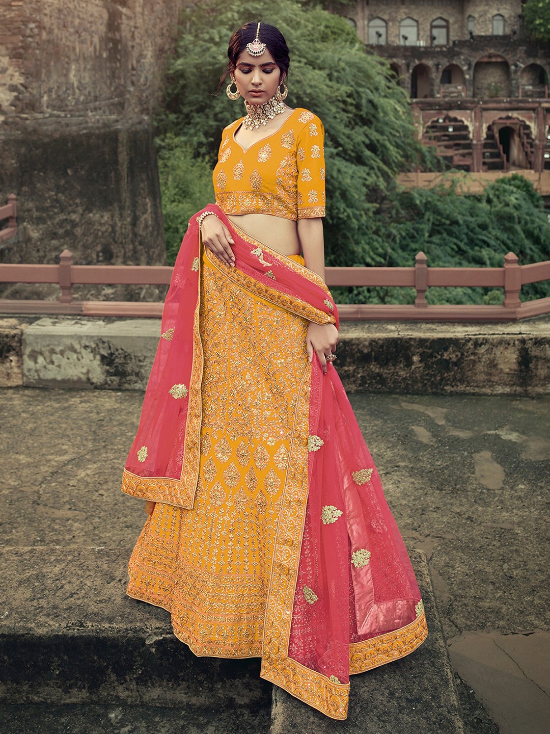 

ODETTE Embroidered Stone Work Semi-Stitched Lehenga Choli With Dupatta, Yellow