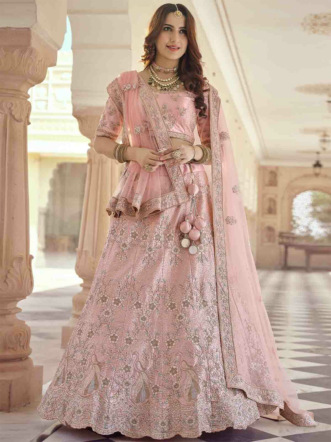 

ODETTE Embroidered Thread Work Semi-Stitched Lehenga & Unstitched Blouse With Dupatta, Pink