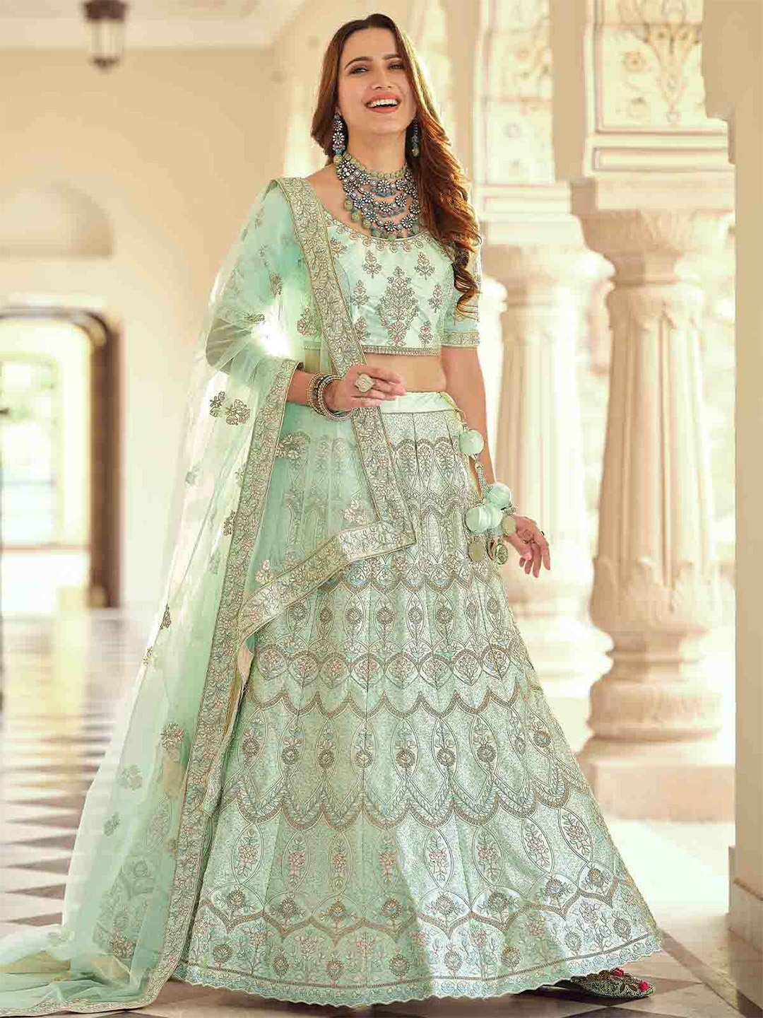 

ODETTE Embroidered Sequinned Semi-Stitched Lehenga & Unstitched Blouse With Dupatta, Green