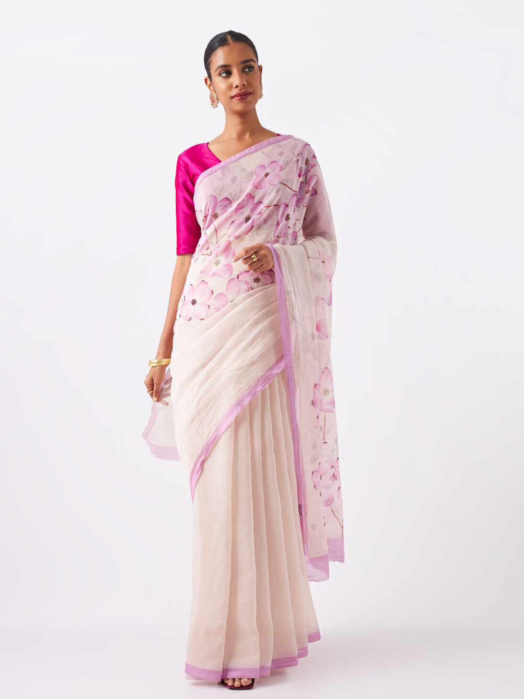 

Taneira Floral Printed Silk Cotton Saree, Pink