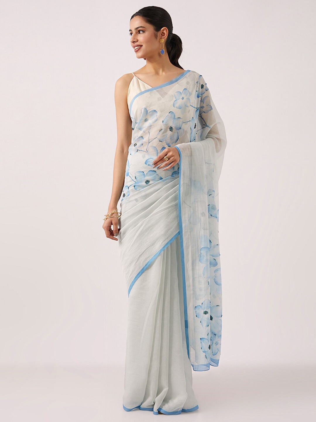 

Taneira Floral Printed Silk Cotton Saree, Blue