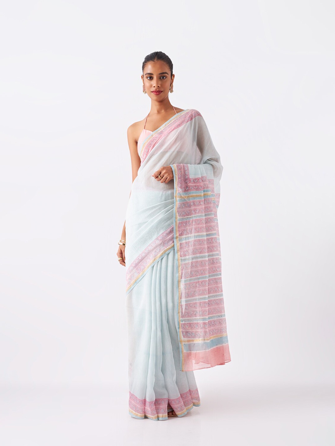 

Taneira Striped Silk Cotton Bagru Saree, Blue