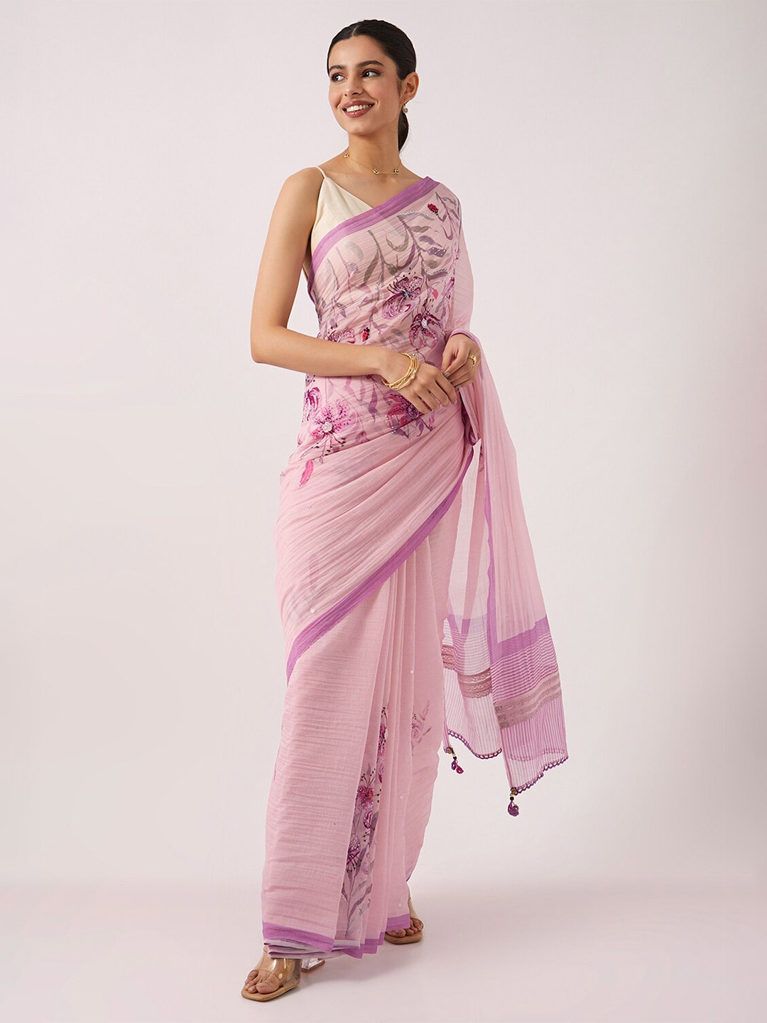 

Taneira Floral Printed Silk Cotton Saree, Pink