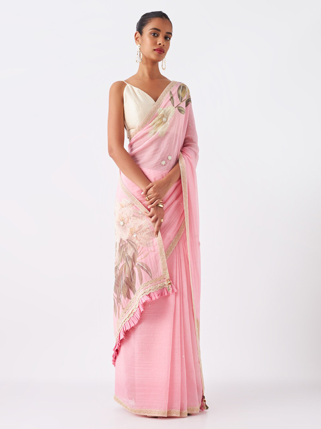 

Taneira Floral printed Sequinned Silk Cotton Saree, Pink