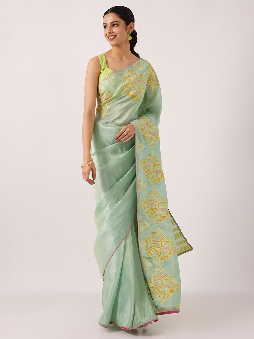 

Taneira Ethnic Motif Printed Embroidered Organza Saree, Green