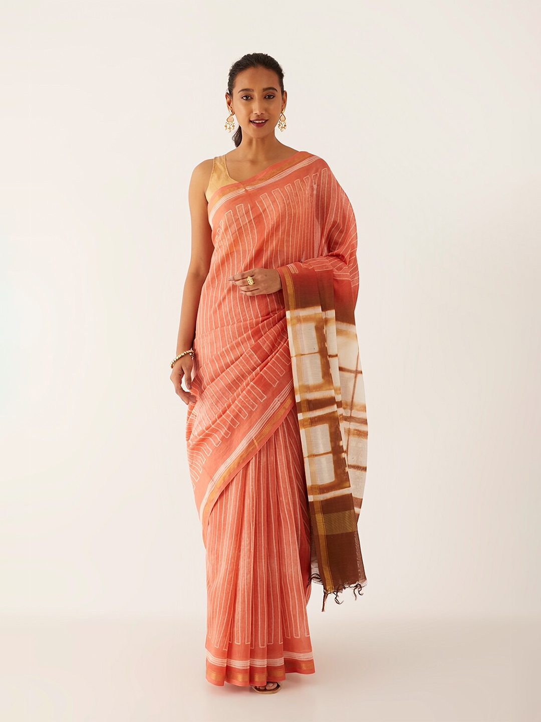 

Taneira Striped Zari Silk Cotton Saree, Orange