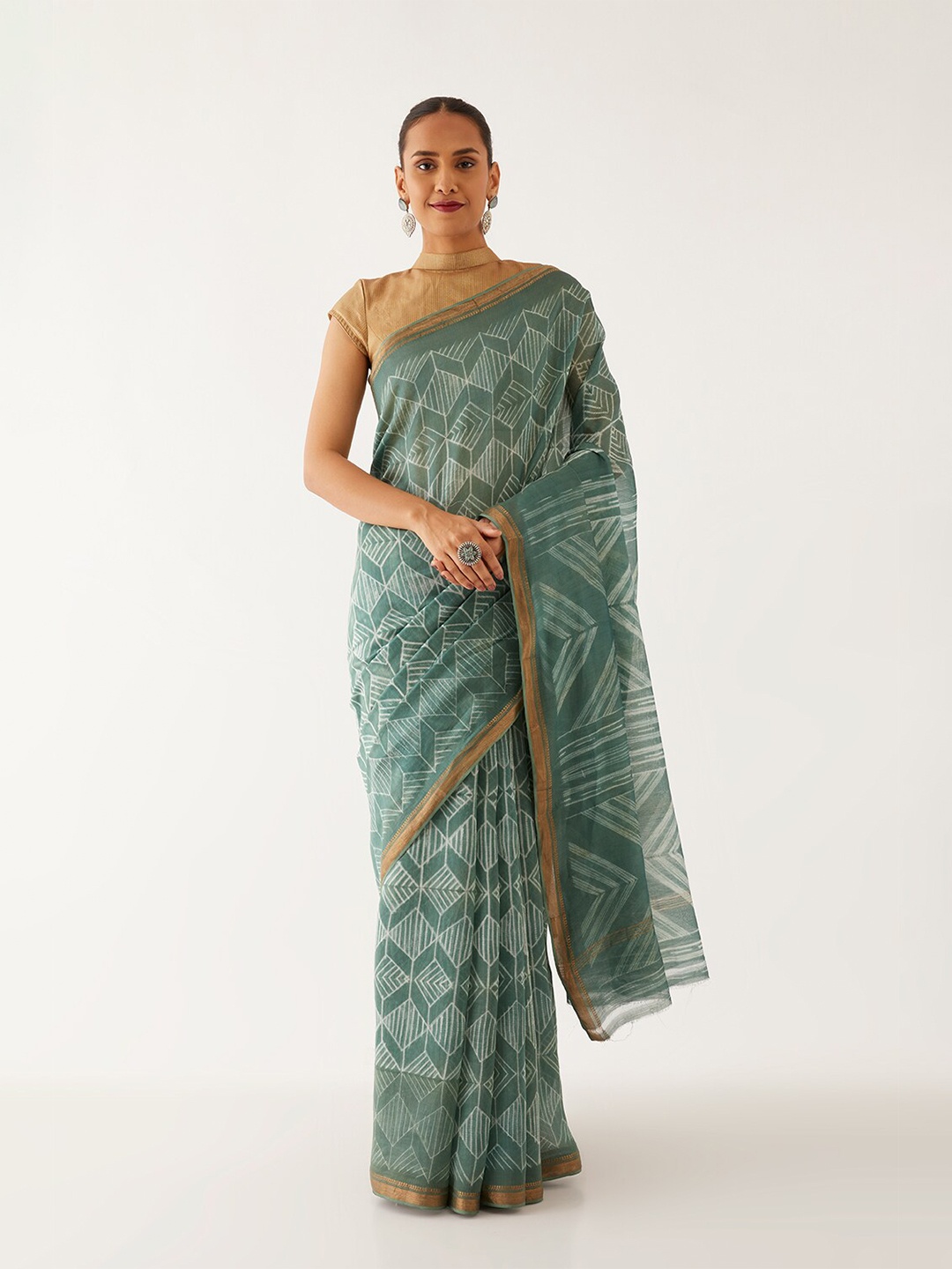 

Taneira Zari Silk Cotton Bagru Saree, Green