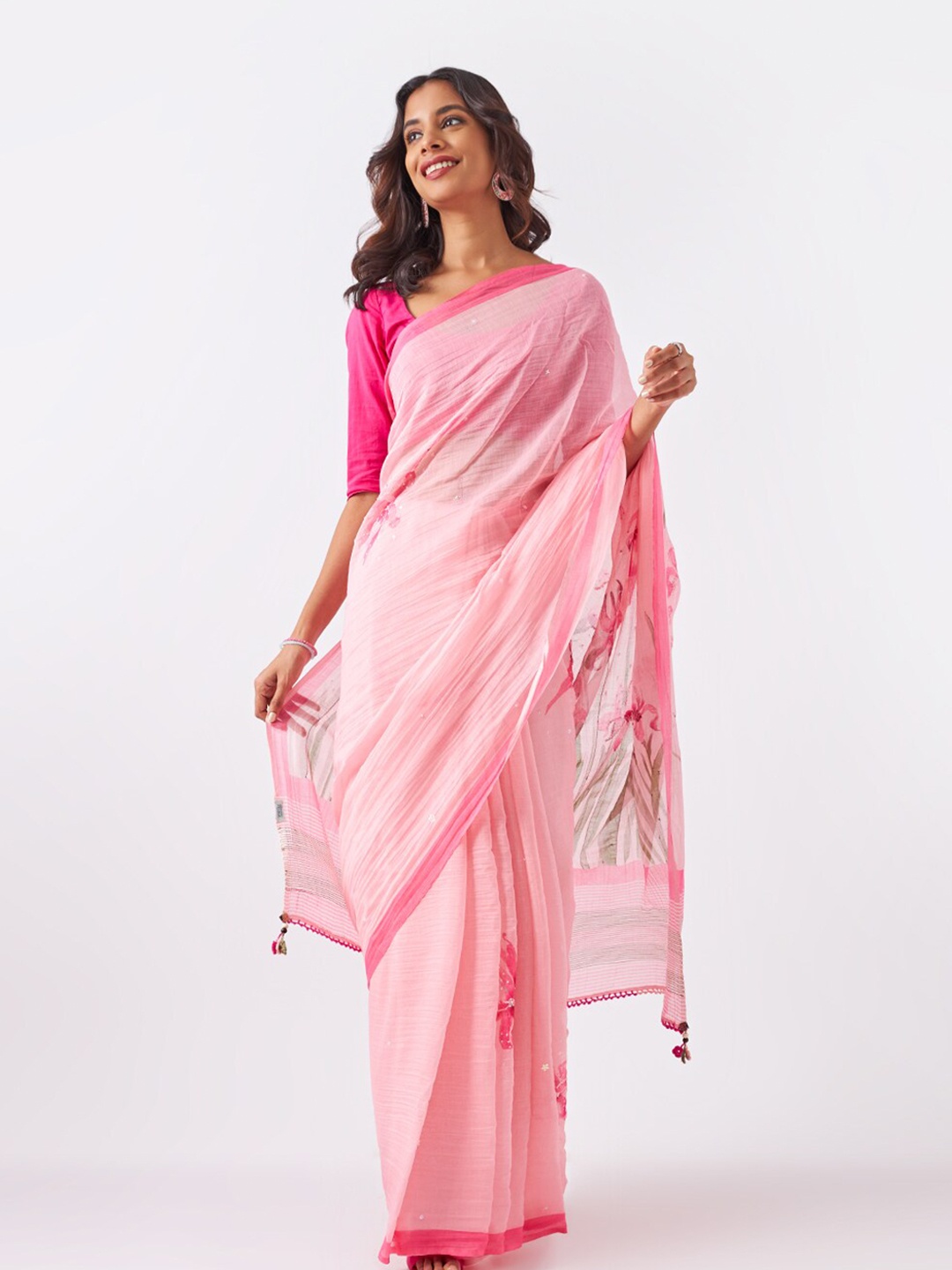 

Taneira Floral Beads Work Silk Cotton Saree With Blouse Piece, Pink
