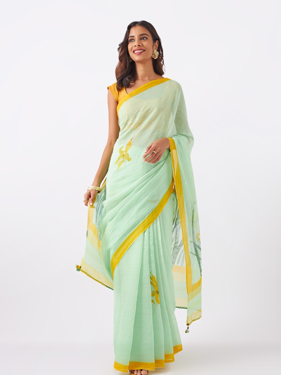 

Taneira Floral Beads Work Silk Cotton Saree With Blouse Piece, Green