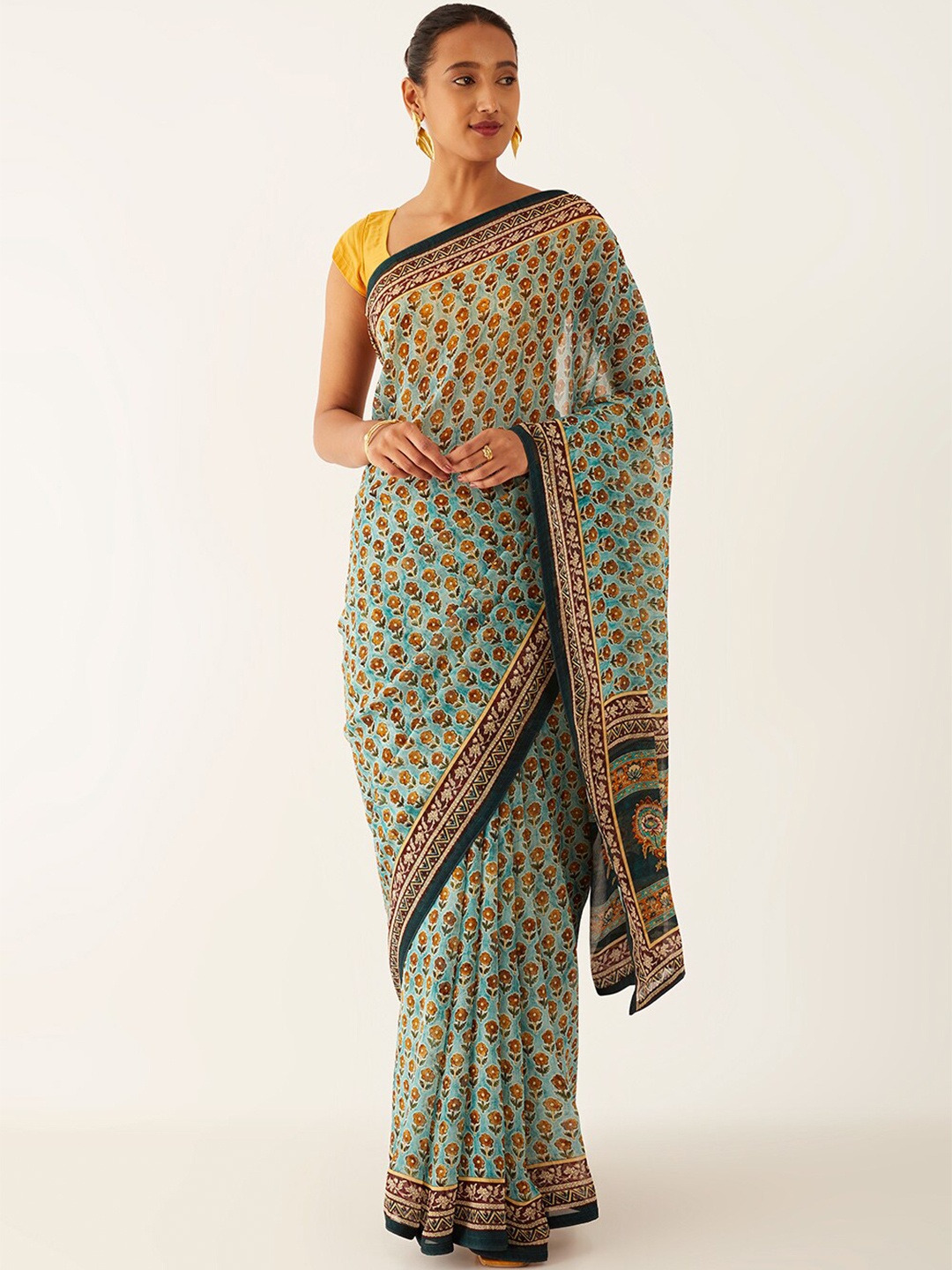 

Taneira Floral Printed Viscose Rayon Saree With Blouse Piece, Green