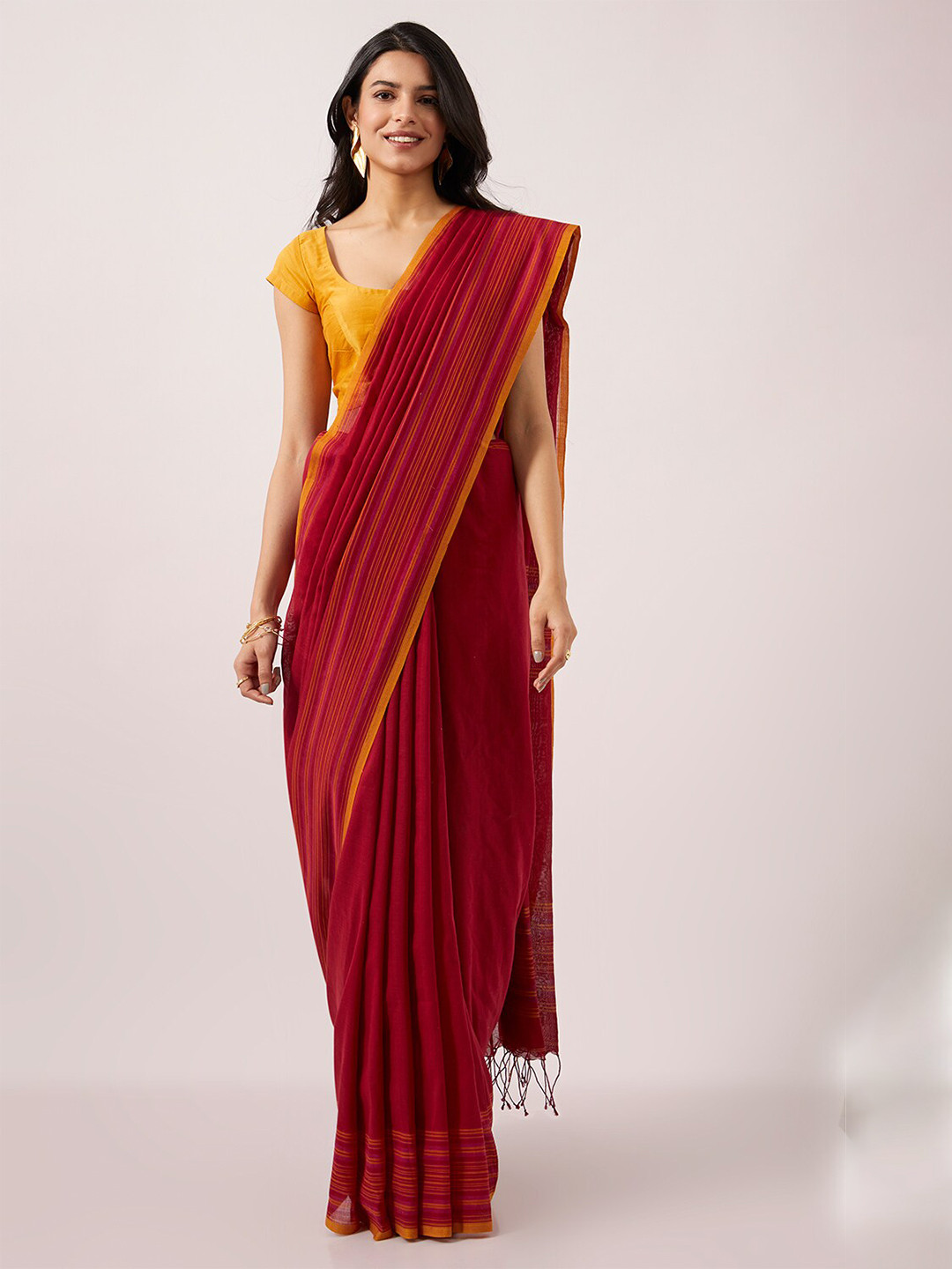 

Taneira Striped Pure Cotton Saree With Blouse Piece, Red