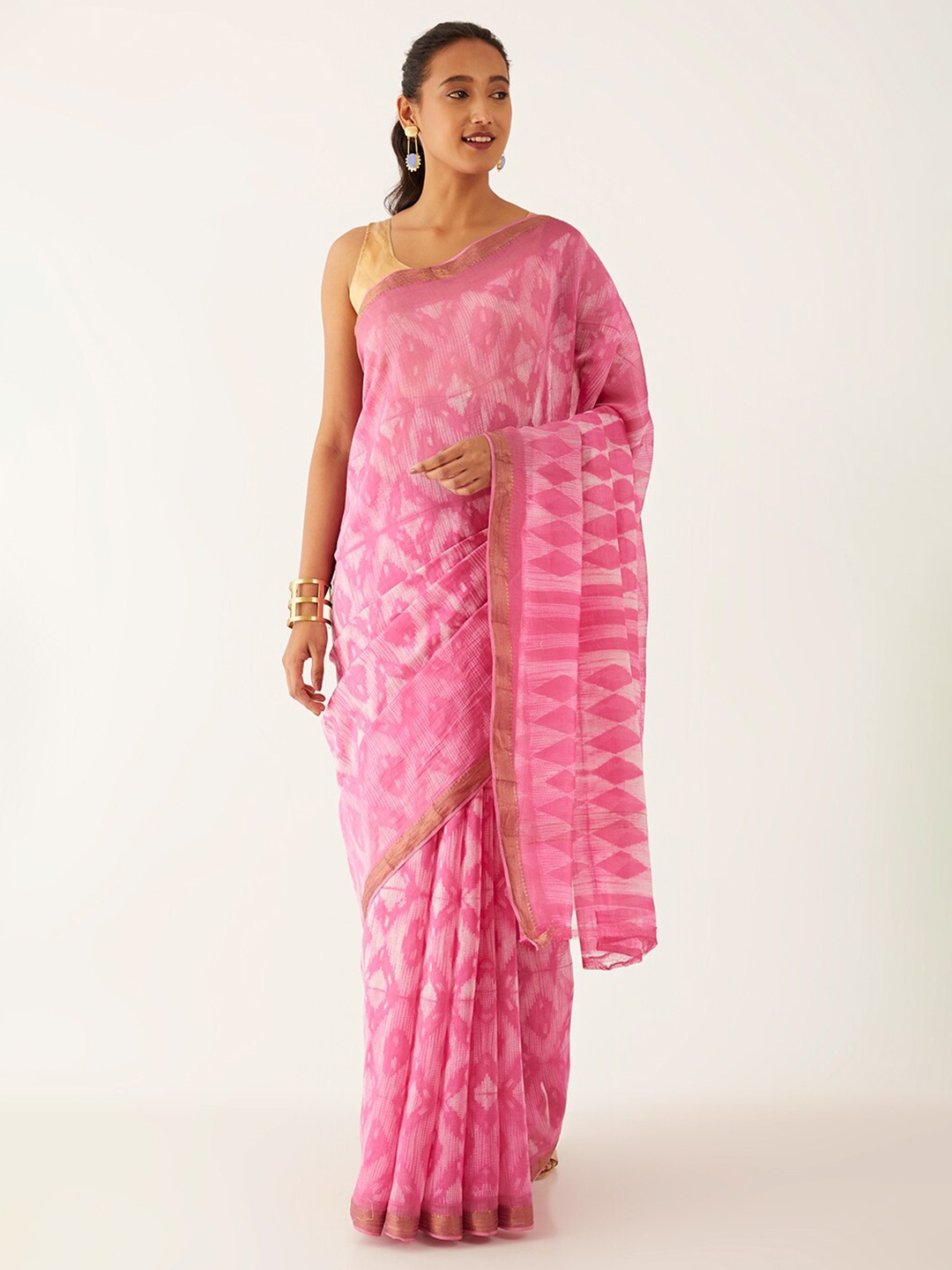 

Taneira Geometric Printed Zari Silk Cotton Saree, Pink