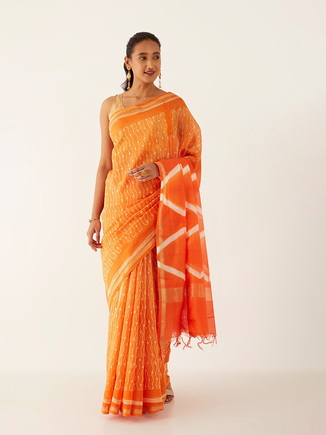 

Taneira Abstract Prnted Zari Silk Cotton Saree, Orange