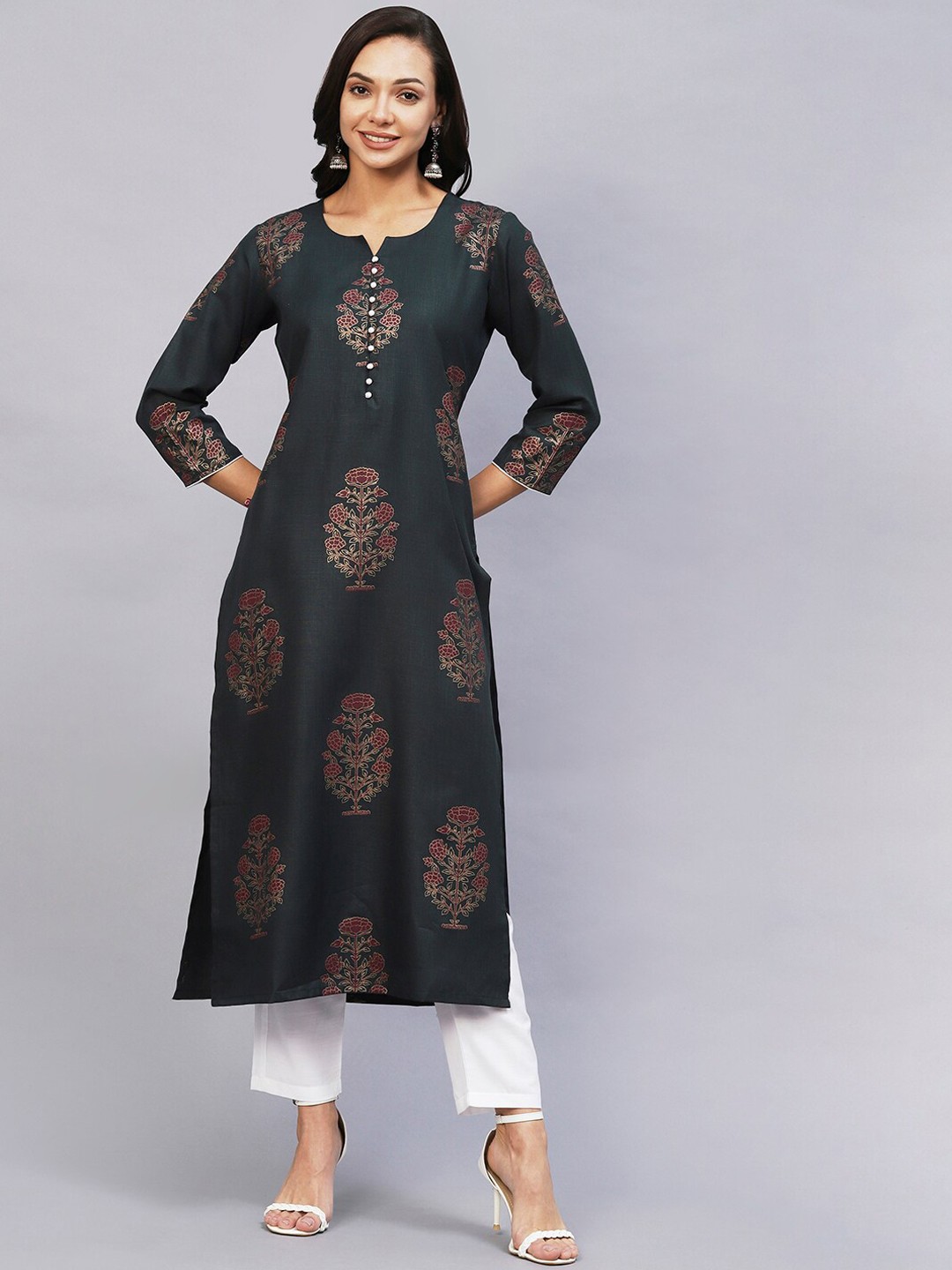 

KALINI Floral Printed Straight Kurta with Trousers, Charcoal