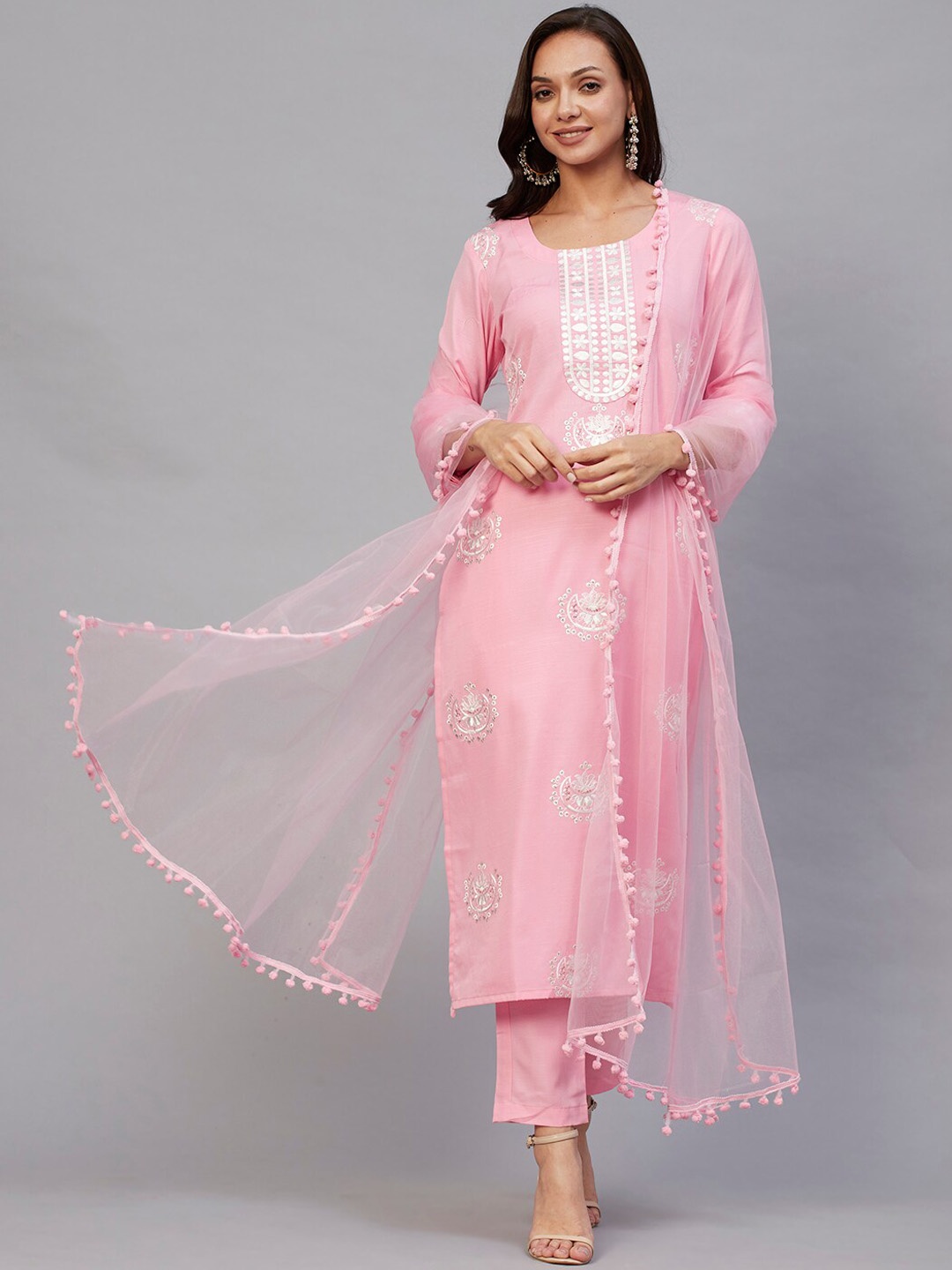 

KALINI Ethnic Motifs Embroidered Sequined Kurta with Trousers & Dupatta, Pink
