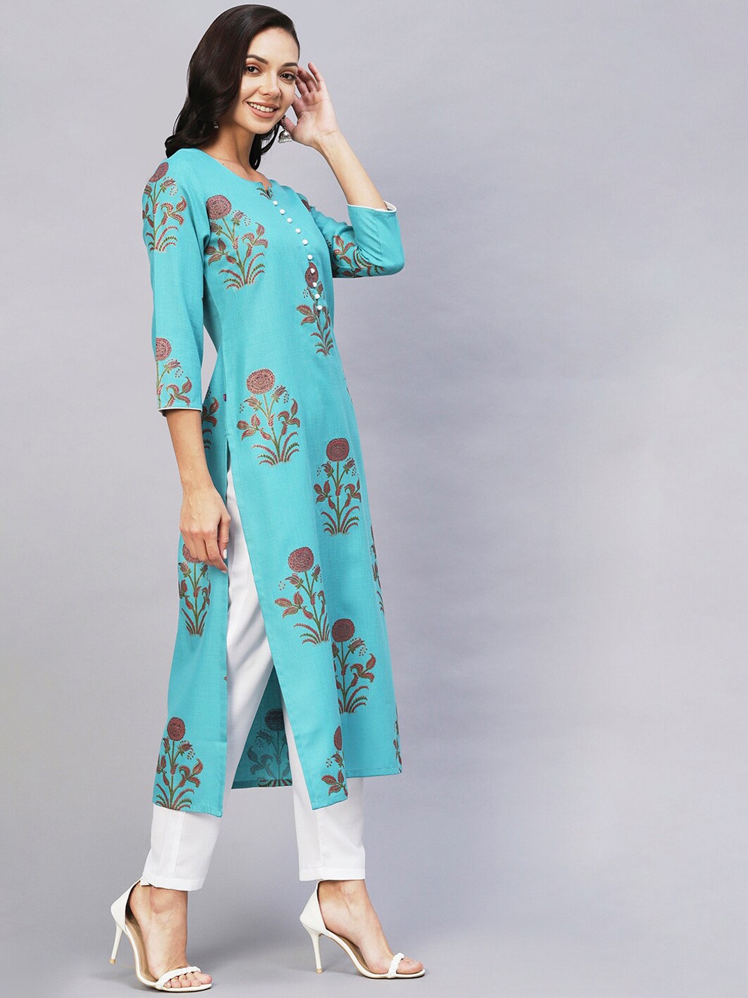 

KALINI Floral Printed Straight Kurta with Trousers, Blue