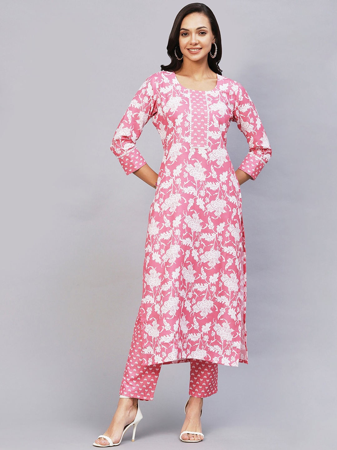 

KALINI Lace Floral Printed Straight Kurta with Trousers, Pink