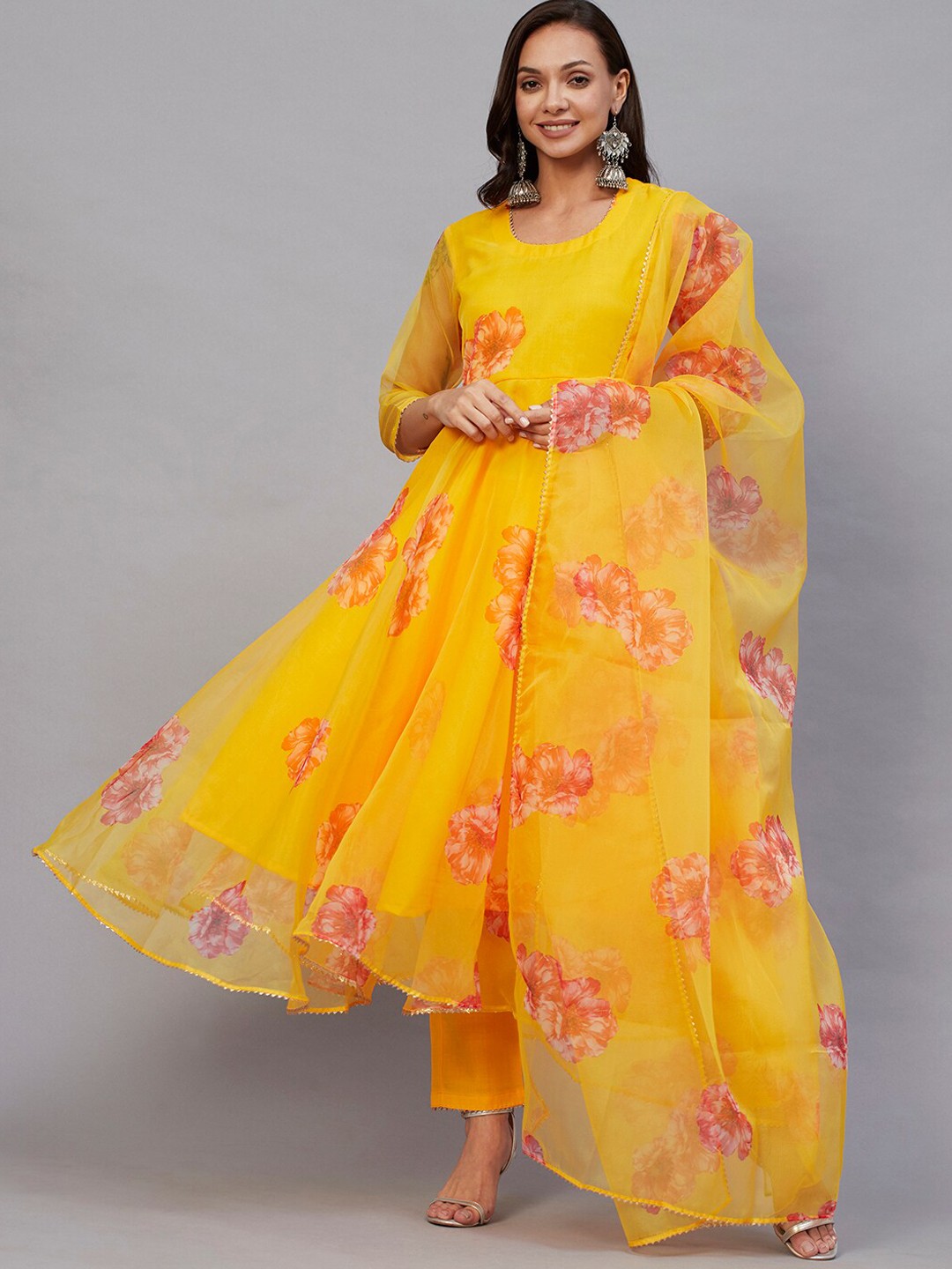 

KALINI Floral Printed Anarkali Kurta With Trousers & Dupatta, Yellow