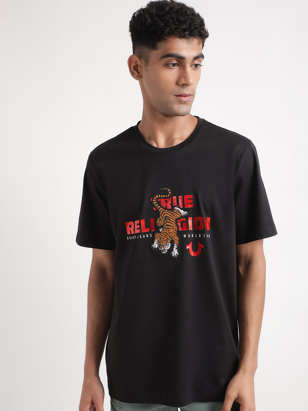 

True Religion Self Design Embroidered Round Neck Cotton Applique T-shirt, Black