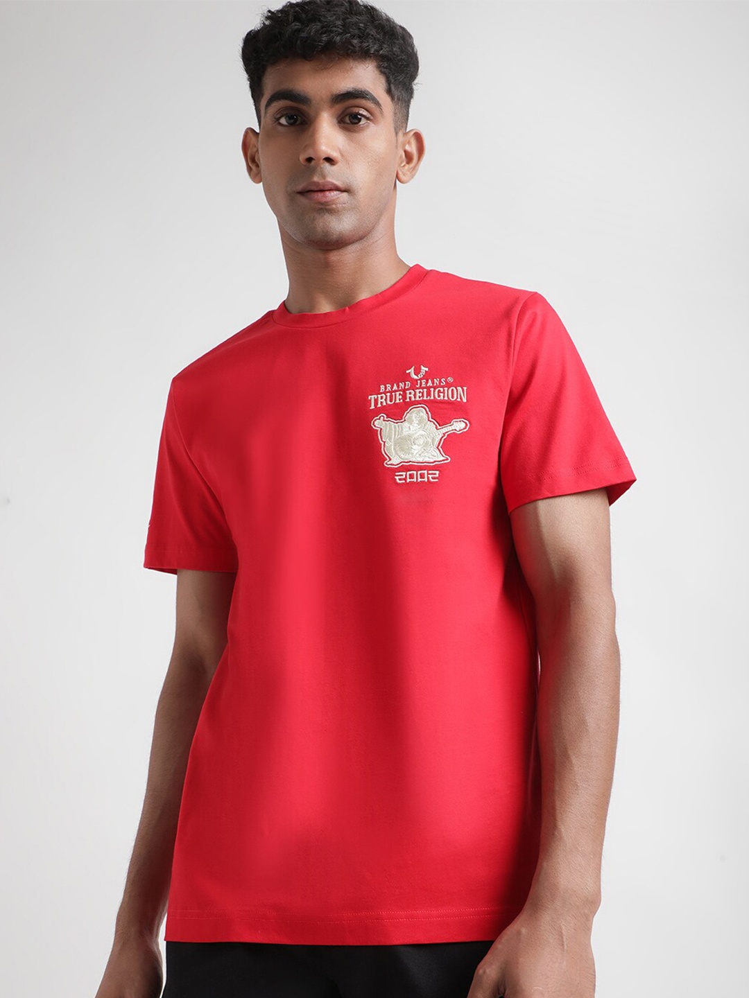 True Religion Self Design Embroidered Round Neck Cotton T-shirt, Red