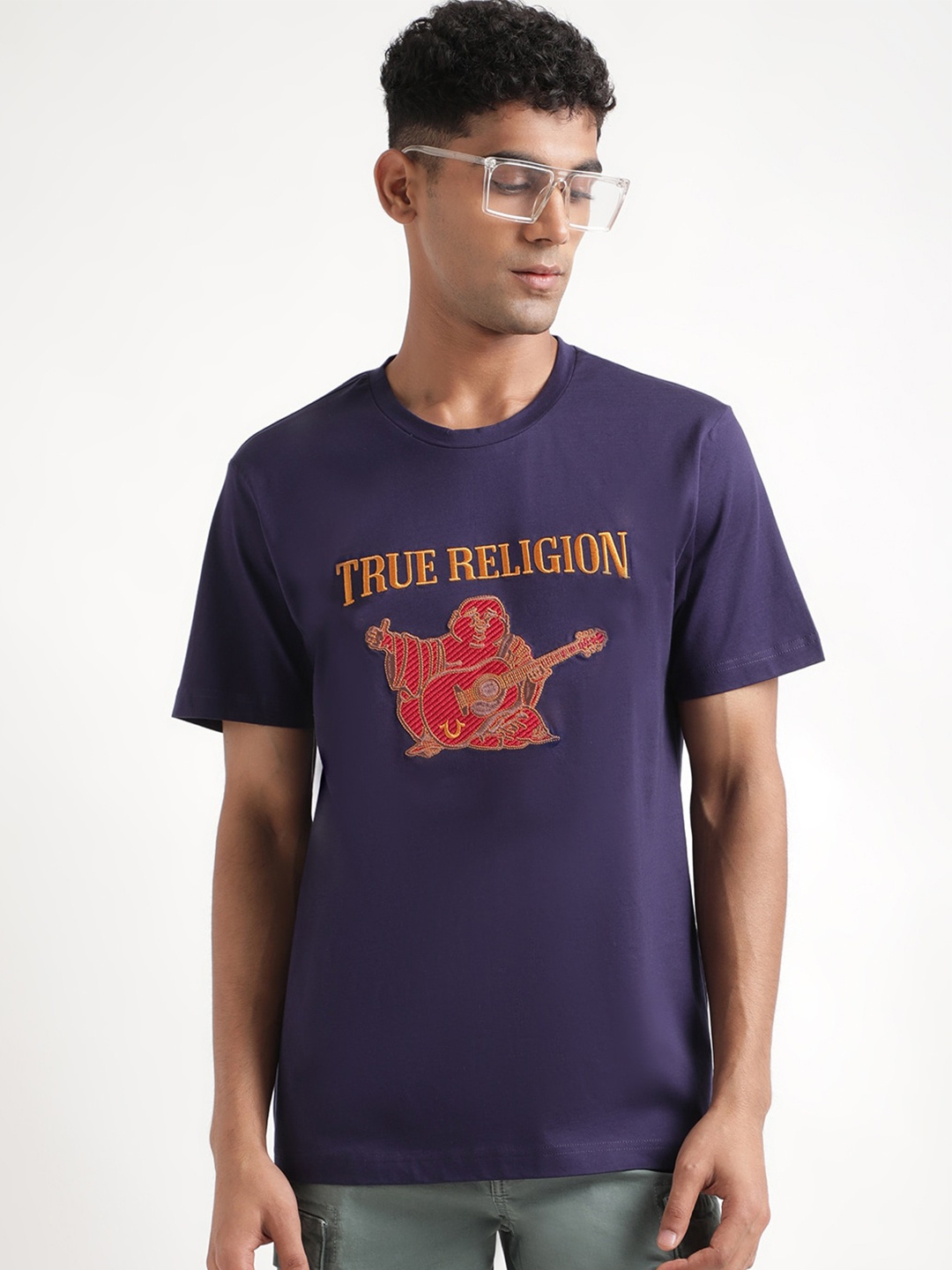 

True Religion Self Design Embroidered Round Neck Cotton T-shirt, Navy blue