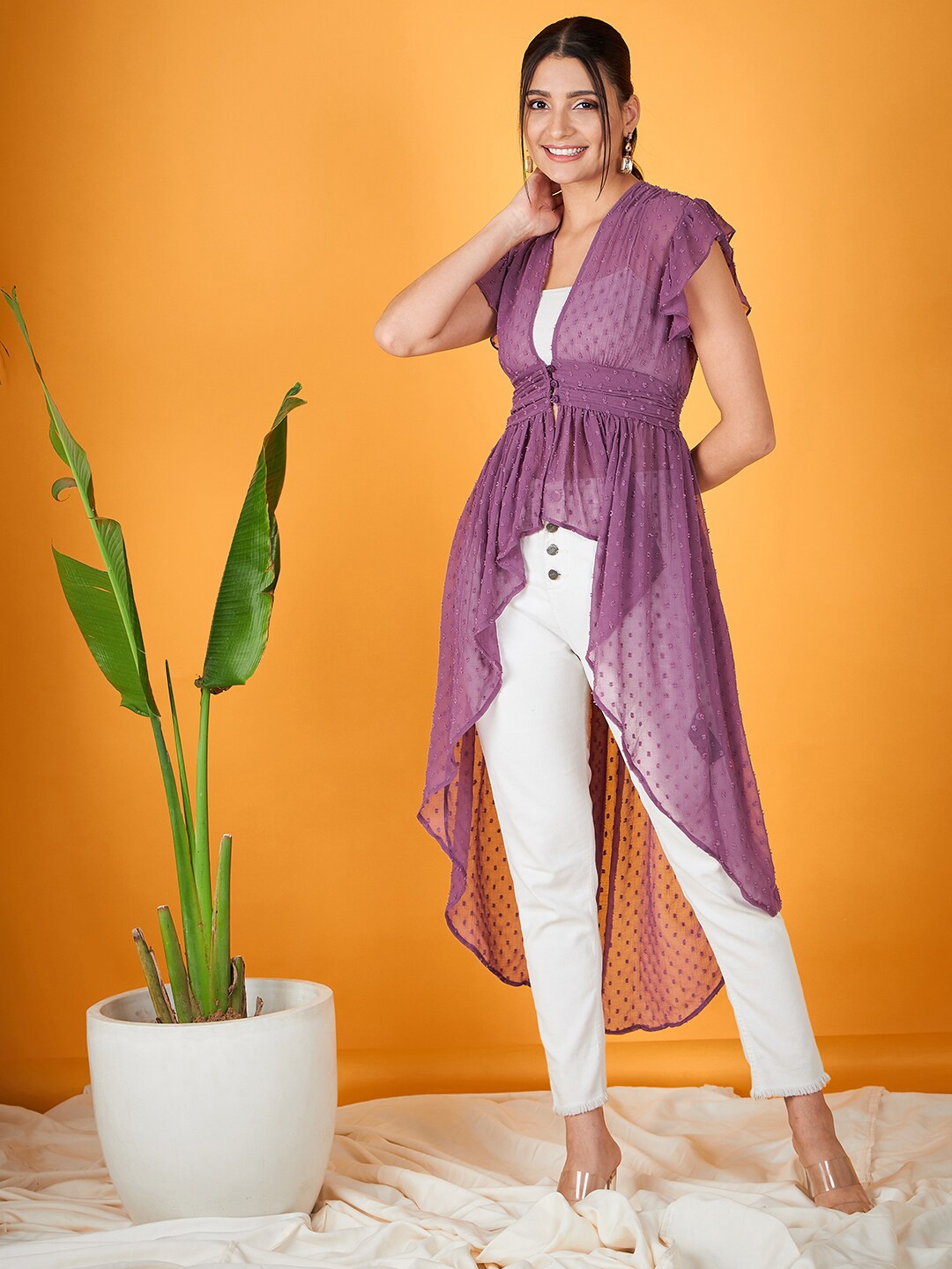 

KASSUALLY Women Purple Self Design Button High-Low Shrug