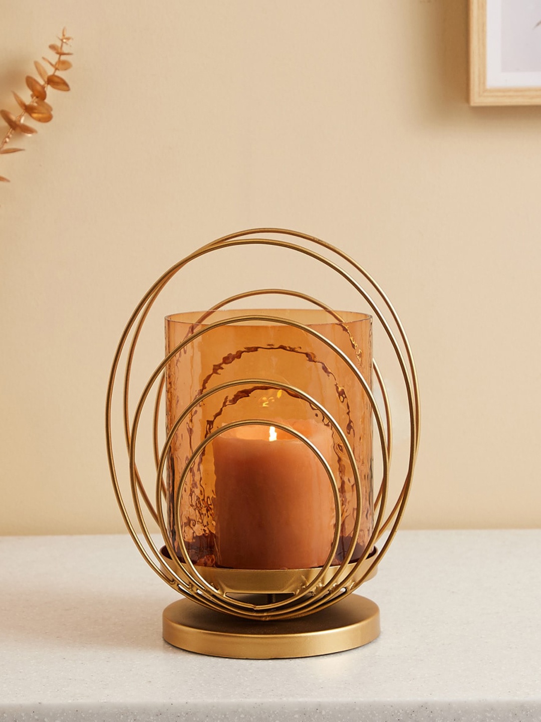 

Home Centre Yellow Splendid Dastkari Glass Hurricane Candle Holder, Gold