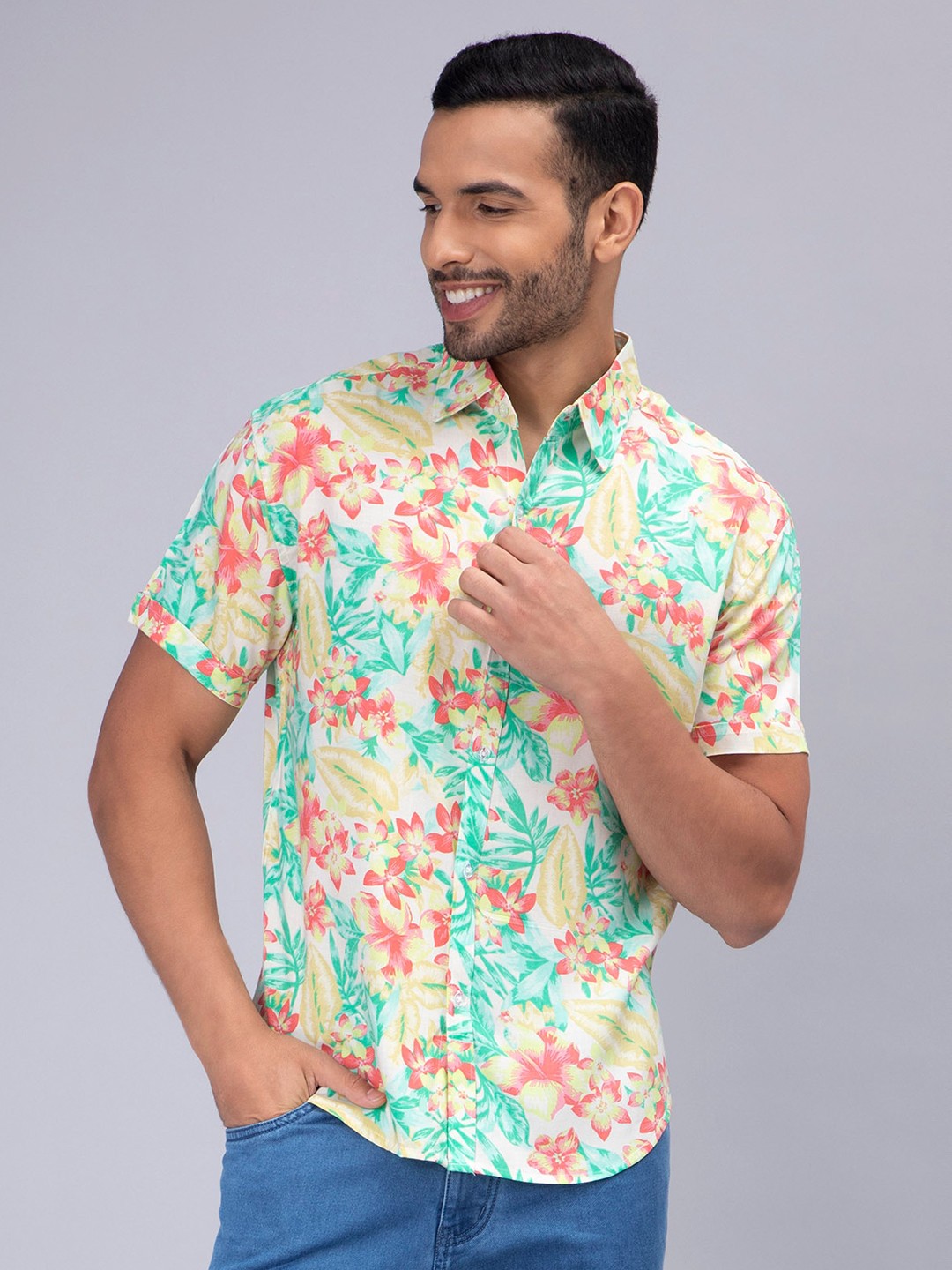

Mad Over Print Floral Printed Comfort Slim Fit Opaque Casual Shirt, Sea green