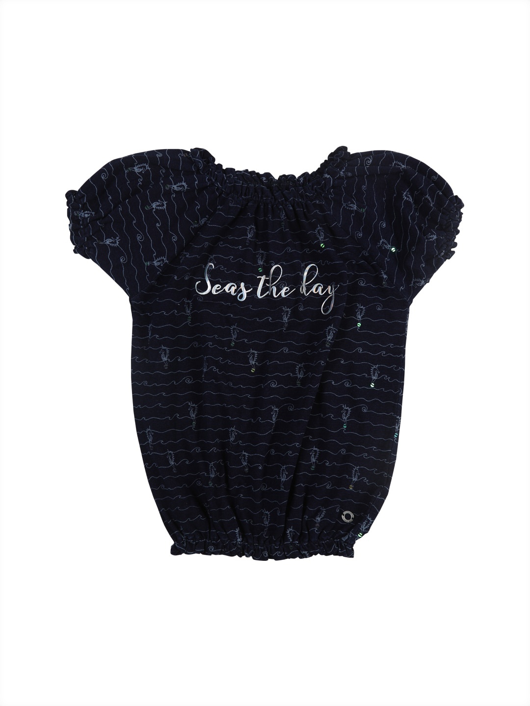 

Gini and Jony Girls Typography Printed Puff Sleeves Gathered Cotton Blouson Top, Navy blue