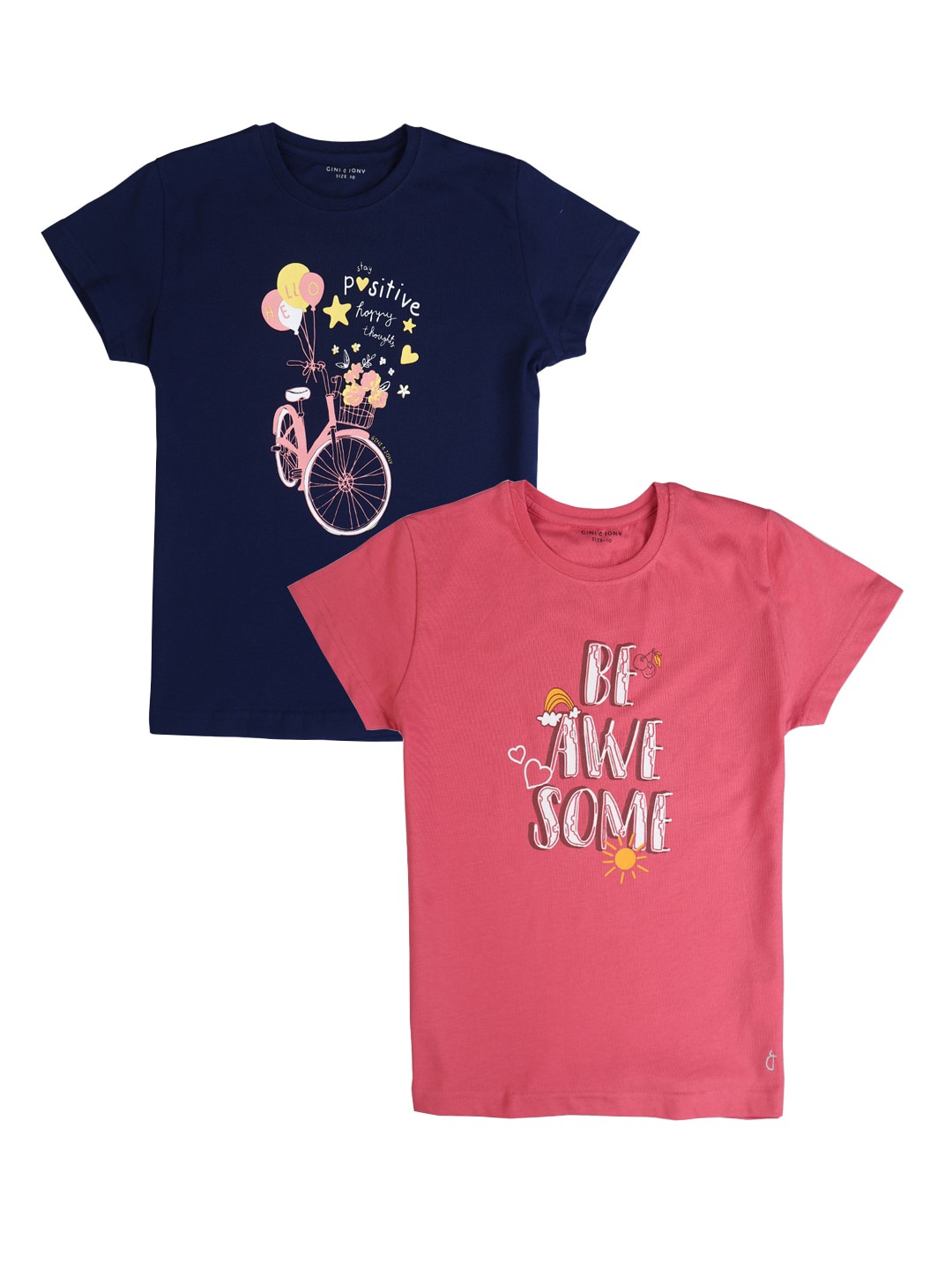 

Gini and Jony Girls Pack Of 2 Printed Round Neck Cotton T-Shirts, Navy blue