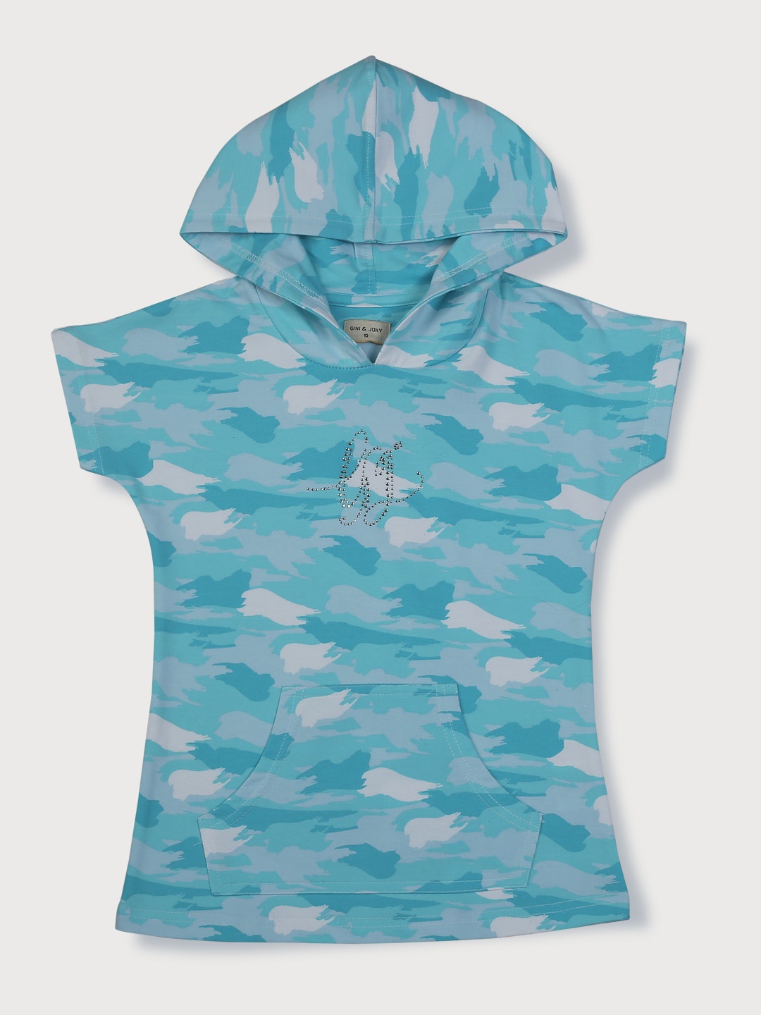 

Gini and Jony Girls Camouflage Printed Hooded Extended Sleeves Cotton T-shirt, Blue