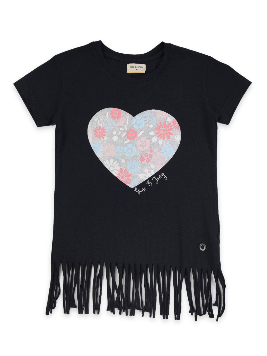 

Gini and Jony Girls Floral Printed Raw Edge Cotton T-Shirt, Black