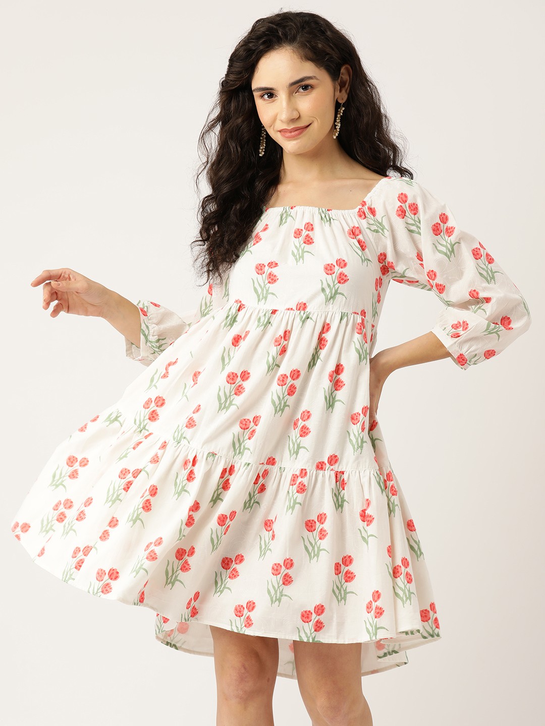 

Jaipur Morni Floral Print Square Neck Puff Sleeves Tiered Pure Cotton A-Line Dress, White