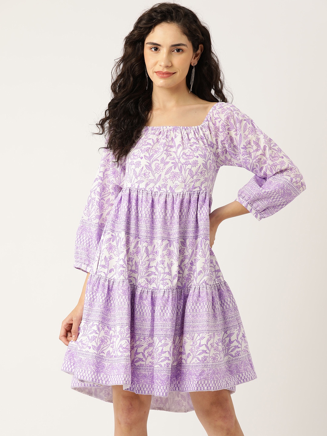 

Jaipur Morni Floral Print Square Neck Puff Sleeves Tiered Pure Cotton A-Line Dress, Lavender