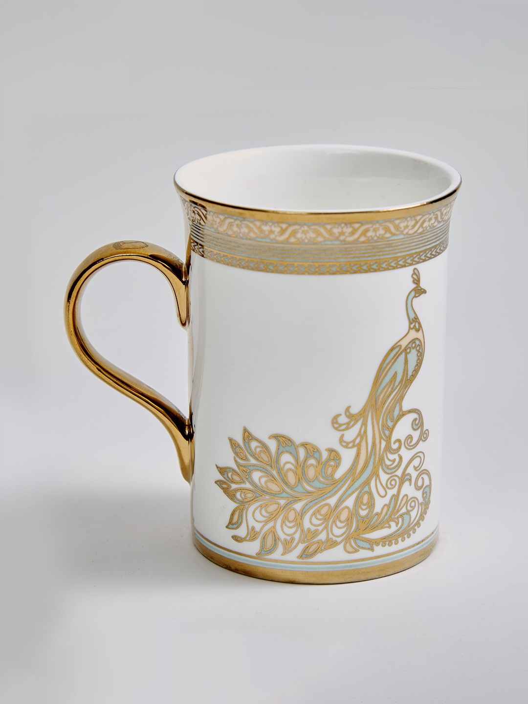 

Home Centre Midas White & Gold-Toned Ethnic Motifs Printed Bone China Glossy Mug 340 ml