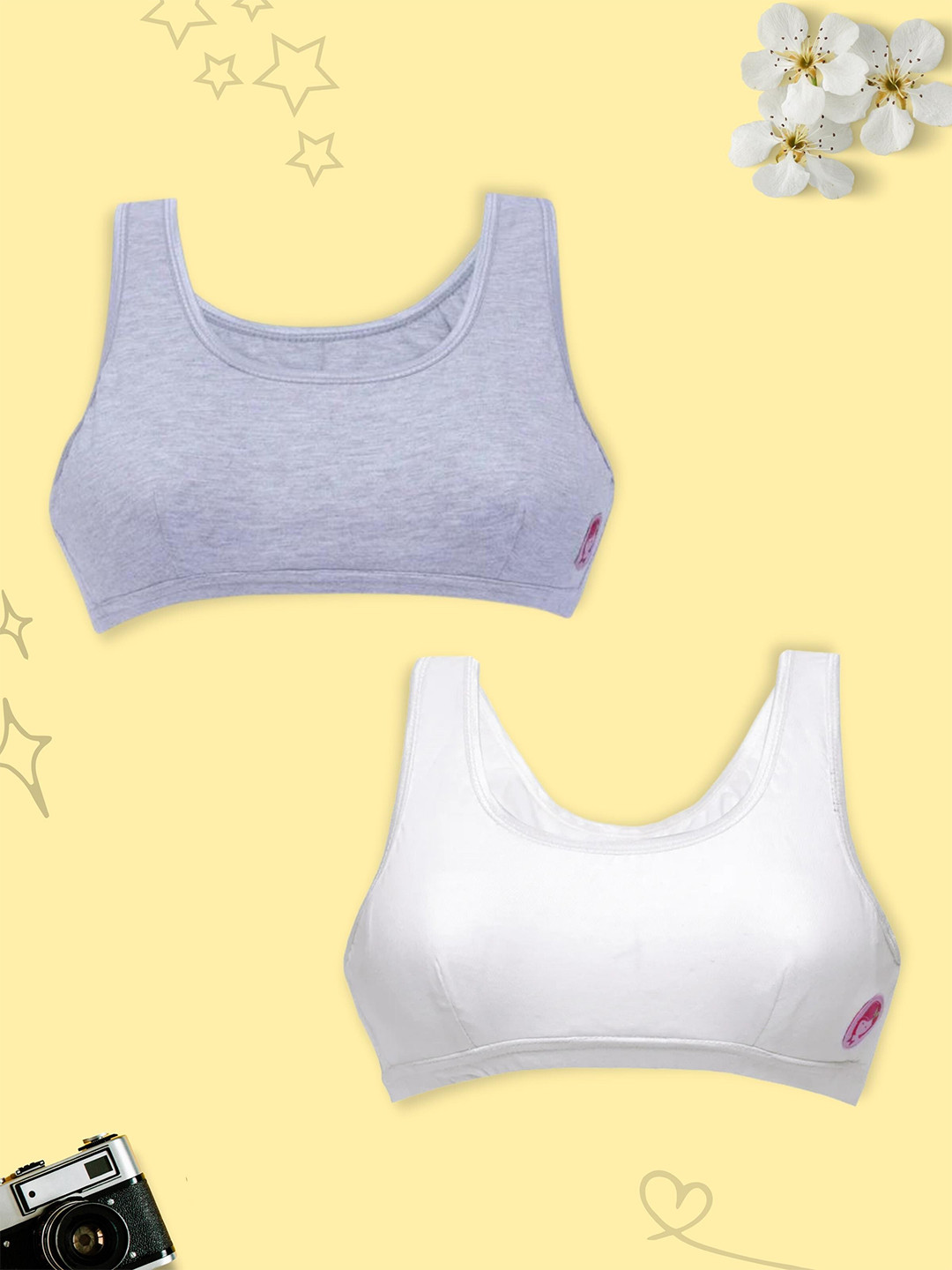 

DChica Pack Of 2 Full Coverage All Day Comfort Seamless Cotton Workout Bra, White