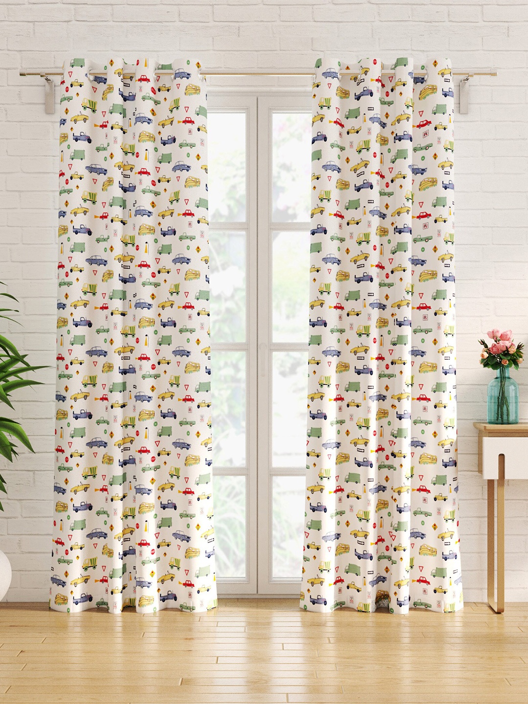 

Home Centre Slate White & Yellow 2 Pieces Quirky Blackout Cotton Door Curtains